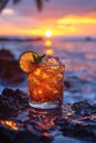 Mai Tai at a sunset luau on a Hawaiian beach Royalty Free Stock Photo