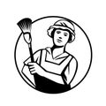 Maid Cleaner Holding Duster Front View Circle Retro Black and White