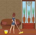 Maid cleans the room