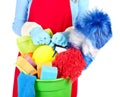 Maid hands with cleaning tools. Royalty Free Stock Photo