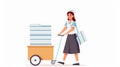 The maid of a hotel pushes a trolley loaded with linens and towels for room service. The hostel worker with a cart, a