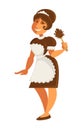 Maid or housekeeper woman in apron and duster vector isolated icon Royalty Free Stock Photo