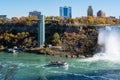 Maid of the Mist USA Boat Tour. Niagara Falls Observation Tower. American Falls. Autumn foliage season. Royalty Free Stock Photo