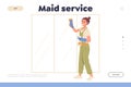 Maid service landing page with cartoon female character washing room window in house or hotel Royalty Free Stock Photo