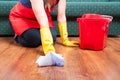 Maid woman sit and cleans the floor Royalty Free Stock Photo