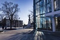 The Maidan of the Constitution in Kharkiv. Sunlight breaks through the glass case of the Historical Museum