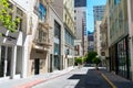 Maiden Lane perspective with a few evergreen trees. The street is pedestrian mall lined with high end boutiques - San Francisco,