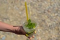 The maiden`s hand holds a transparent glass of ice with lemon and mint. Mojito Royalty Free Stock Photo