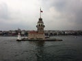 Maiden`s Tower, cruise on the Bosporus. Rainy day, cloudy sky. Royalty Free Stock Photo