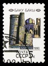 Maiden`s tower and Divan-Khane palace Baku, Capitals of Soviet Republics serie, circa 1990