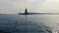 Maiden`s tower with ferryboat and old city istanbul background - Turkey