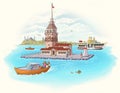 Maiden's Tower KÃÂ±z kulesi boat ferry turkey istanbul historical places ancient city tourist cartoon