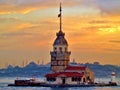 Maiden`s Tower in Istanbul and Old City in Background at Sunset Royalty Free Stock Photo