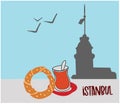 Maiden\'s Tower silhouette in Istanbul. Traditional flavors bagel (simit) and Turkish tea. Symbols of Istanbul.