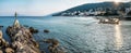 The Maiden with the Seagull. The statue is the symbol of  Opatij, Croatia. Beautiful panoramic view of Opatija town Royalty Free Stock Photo