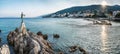 The Maiden with the Seagull. The statue is the symbol of  Opatij, Croatia. Beautiful panoramic view of Opatija town Royalty Free Stock Photo