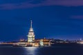 Maiden Tower at Night, Blue Sky - Istanbul , Turkey - Kiz Kulesi / Leander`s Tower / Tower of Leandros - Uskudar, Bosphorus Royalty Free Stock Photo