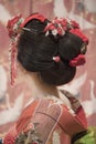 Maiko or geisha in red kimono back coifed hair brooch with patterns of red and white plum blossoms on japanese screen background. Royalty Free Stock Photo