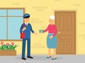 Mail Carrier or Mailman as Employee of Postal Service Delivering Gift Box to Senior Woman Vector Illustration Royalty Free Stock Photo