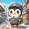 A mail carrier penguin in the uniform, in a village street, cartoon, digital anime art