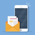 Mail client on the mobile phone. The concept of sending letters from a smartphone. Flat vector illustration isolated on