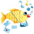 Mail and delivery for hearts in love. Singing cartoon goldfish postman with bag and envelopes. Watercolor illustration with a