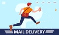 Mail delivery Postman running with bag delivering letter in envelope. Mailman in cap carrying mail, delivery service Royalty Free Stock Photo