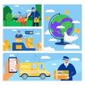 Mail delivery service banners express postal courier man in front of cargo van delivering package, vector illustration. Royalty Free Stock Photo