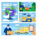 Mail delivery service banners set, postal courier man in front of cargo van delivering package, vector illustration Royalty Free Stock Photo