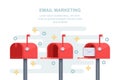 Mail, email marketing strategy business concept. Red letterbox with message in envelope. Vector illustration