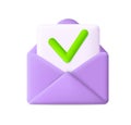 Mail envelope. 3d icon with done check. Email message with letter. Paper document with notification. Opened newsletter for ui,