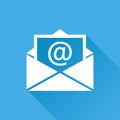 Mail envelope icon vector isolated on blue background with long Royalty Free Stock Photo