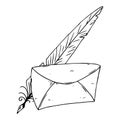 Mail envelope with ink pen hand drawn. Vector illustration ink pen and envelope. Feather pen with envelope mail Royalty Free Stock Photo