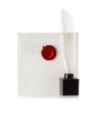 Mail envelope or letter sealed with wax seal stamp and quill pen