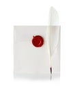 Mail envelope or letter sealed with wax seal stamp and quill pen