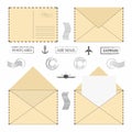 Mail envelope set. Vintage mail envelopes with postal stamps, frames and blank letter Royalty Free Stock Photo