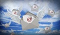 Mail enveloppe with wings on smartphone against the sky. 3D illustration