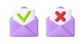 Mail icon. 3d envelope with done check and cross. Email message with letter. Paper document with notification. Opened sms for ui,