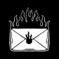 Mail icon flaming art Illustration hand drawn black and white vector for tattoo, sticker, logo