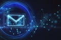 Mail, letter and communication concept with digital glowing envelope icon in technological circle on dark background with