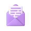 Mail letter. 3d envelope icon. Open email document with message. Illustration of paper letter for send, inbox and verification.