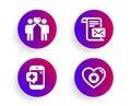 Mail letter, Medical phone and Friends couple icons set. Heart sign. Read e-mail, Mobile medicine, Friendship. Vector