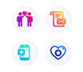 Mail letter, Medical phone and Friends couple icons set. Heart sign. Read e-mail, Mobile medicine, Friendship. Vector