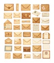 Mail letters, old retro vintage cards with stamps, documents and paper texture. Detailed graphics of envelopes and Royalty Free Stock Photo