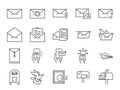 Mail line icon set. Included icons as email, dove, envelope, sent, post box and more.