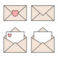 Mail linear icons with heart seals. Open and closed envelopes
