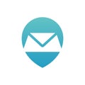 Mail and map pin logo, envelope and location pointer icon, letter and pin point symbol