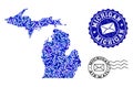 Mail Motion Composition of Mosaic Map of Michigan State and Scratched Stamps Royalty Free Stock Photo