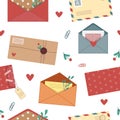 Mail pattern, business technology post. Communication website, internet postcard with stamp, heart and botanical