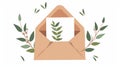 Mail, postcard with natural decoration, branch, twig, leaves, with open kraft envelope, greeting card, and leaf plant